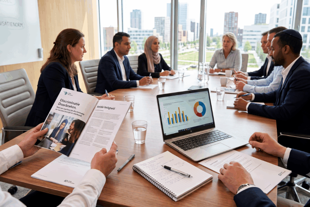 Een diverse groep professionals in een strategisch overleg over de laatste IDEM Kennisbank update. Op tafel liggen een opengeslagen rapport over "Discriminatie Doorbreken," een laptop met data-grafieken en een notitieblok, met op de achtergrond de skyline van Rotterdam.